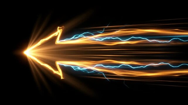Abstract motion arrow shape formed by glowing orange light trails and electric blue lightning bolts 4k video