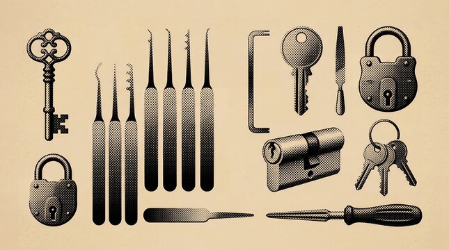Locksmith tool kit and antique keys collection in black halftone on vintage background for security concepts.