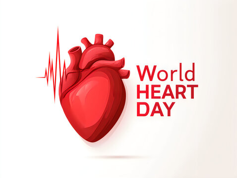 Red human heart organ illustration with heartbeat line for world heart day celebration design