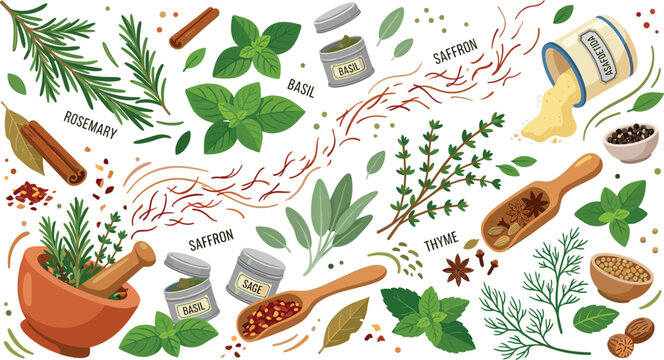 Fresh culinary herbs and organic spice background collection with rosemary basil saffron sage thyme and wooden mortar