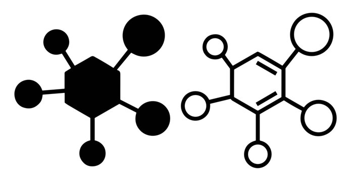 Black and white chemical molecular structure icons with hexagonal rings and connected circular nodes on transparent background