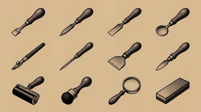 Selection of wood carving chisels and engraving tools with magnifying glass in vintage monochrome style.