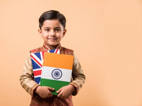 Cute Hindu boy in traditional attire holding British and Indian flag books on orange background. School education and language learning concept. Studio portrait for international education campaign