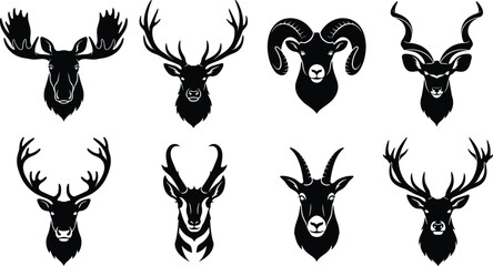 Obraz premium Set of horned wild animal head silhouettes including deer, moose, ram, and antelope vector icons isolated on white