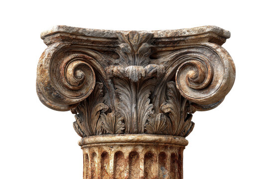 Intricate corinthian capital of classical elegance isolated on transparent background. Ancient Greek Ionic column capital with ornate scrolls isolated on white background.