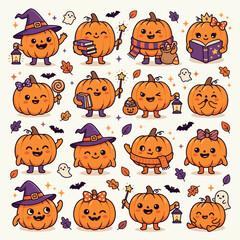 Fototapeta premium Cute Cartoon Pumpkin Witch Characters. Adorable Halloween Vector Illustrations Set. Kawaii Orange Gourd Designs with Magic Accessories, Bats, Ghosts