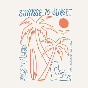 Palm Tree hand drawing Minimal art. surf club slogan. line art graphic. surfboard with big waves. summer vector. tropical prints. summer vibes t-shirt design. 
