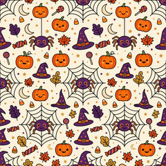 Obraz premium Seamless Halloween Pattern, Cute Pumpkin, Witch Hat, Spider Web, Sugar Sweet Corn, Autumn Leaves, Moon, Lollipop, Candy, Orange Purple Vector, Kawaii Texture Design isolated on White Background