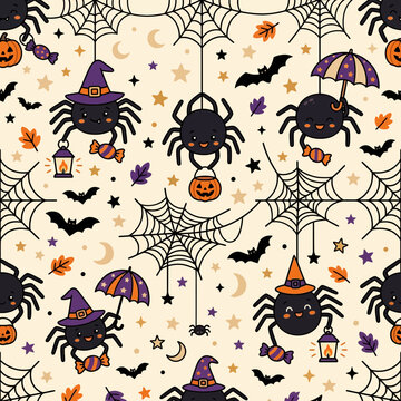 Cute Halloween spider vector seamless pattern, kawaii witch arachnid illustration, orange purple repeating background design isolated on White Background Halloween ,Editable Eps