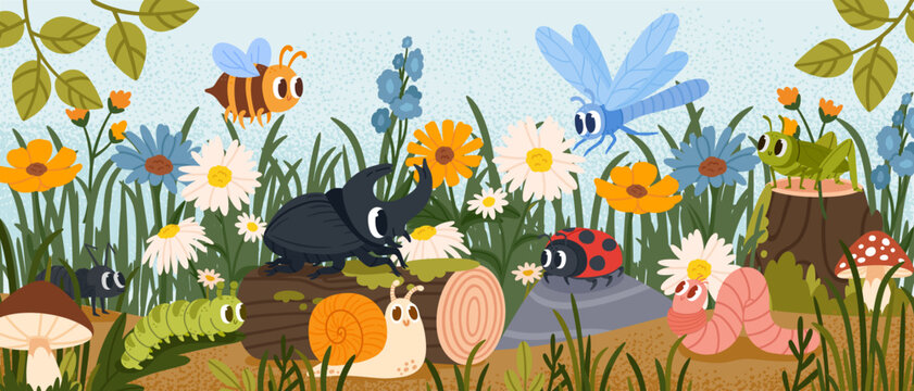 Kids scene with insects. Garden bugs. Cartoon background with bee, grasshopper, ladybug, caterpillar, dragonfly, worm, ant in grass. Cute child nature concept. Vector illustration