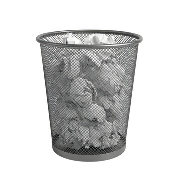 Metal wire trash bin with crumpled paper