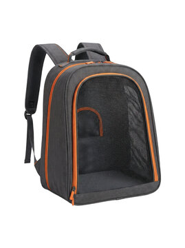 Pet carrier backpack in grey and orange color combination designed for small animals travel convenience and comfort.