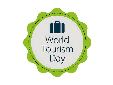 World tourism day badge with a travel suitcase icon and green scalloped border