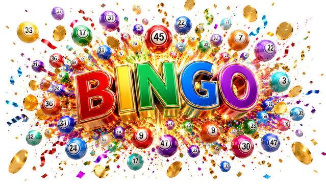 Colorful 3D bingo letters exploding with multicolored confetti and celebration particles for games and events
