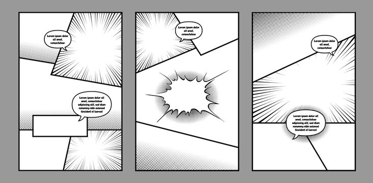 Comic grid layout with vibrant frames and graphic manga elements, dynamic backdrop, cartoon art designs. Comic panel pop art color background template.