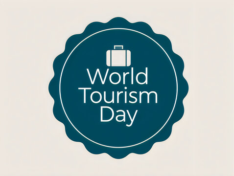 World tourism day badge with a travel suitcase icon inside a dark blue scalloped circle shape