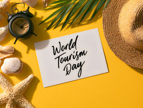 World tourism day note with alarm clock and straw hat on a bright yellow summer background