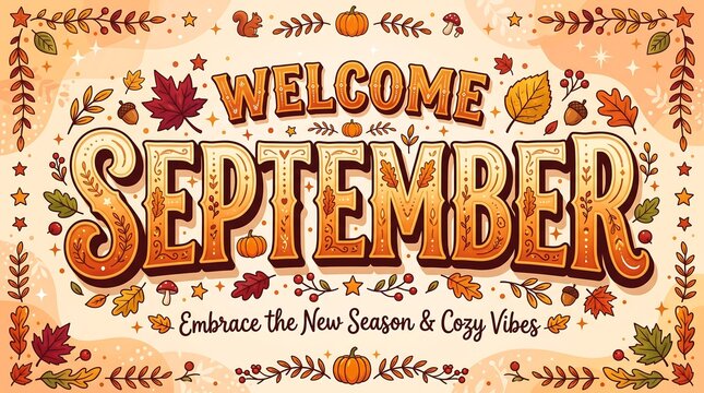 Welcome september autumn seasonal greeting card with fall leaves and pumpkins, autumn, autumn 2026, autumn leaves, maple leaves, autumn background