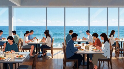 Obraz premium Diners eat at tables in a restaurant with large windows overlooking a blue ocean. People enjoy meals and drinks by the sea under a bright sky with gentle waves.