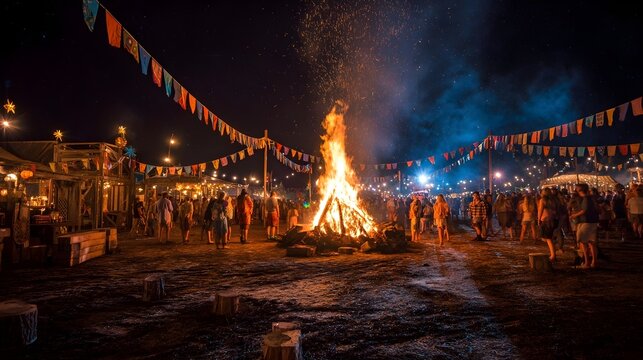 Outdoor nighttime festival bonfire with crowd and market stalls