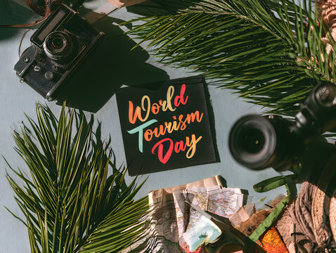 World tourism day sign with cameras and palm leaves on a flat lay background