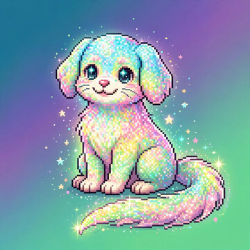 Glitter rainbow pixel puppy dog with sparkling tail