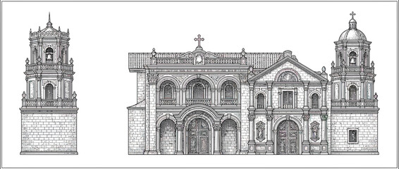 Obraz premium Line Art Architectural Drawing of Historic Religious Building and Bell Tower