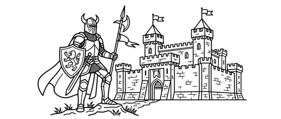 Medieval knight guarding a castle, illustration