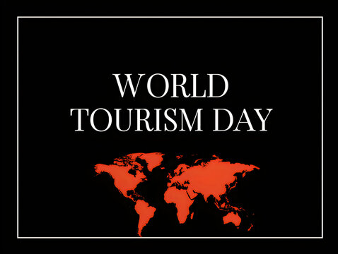 World tourism day text with a red world map illustration on a black background