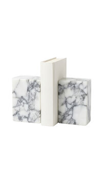 Modern bookend set crafted from white marble stone with grey veins supporting hardback book for elegant shelf organizer.