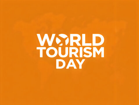 World tourism day text with a simple map of the globe on an orange background
