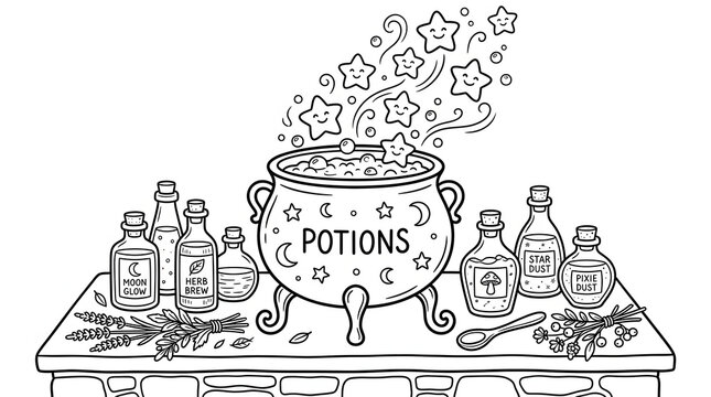Bubbling magic cauldron with potion bottles on a table, black and white line art illustration.