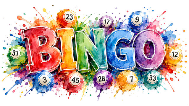 Colorful 3D bingo balls with numbers exploding in vibrant paint splash background for games and gambling