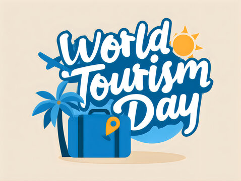 World tourism day typography design with travel suitcase and palm tree illustration