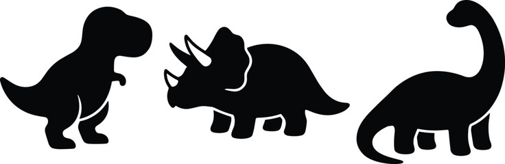 Black silhouette vector set of cute cartoon dinosaurs including t-rex, triceratops, and brachiosaurus for kids design © RitaRani