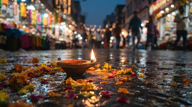 Single diya on street at night