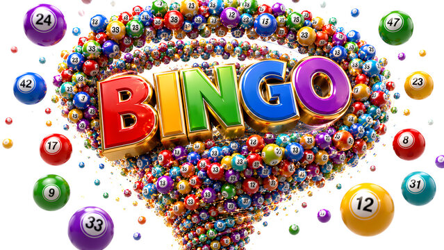 Colorful bingo game letters and numbers with confetti celebration background for gambling and fun events