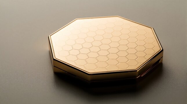 Gold metallic octagonal plate with honeycomb pattern on surface. Luxury geometric object lies on plain background. Shiny golden metal container looks like premium cosmetic compact high end jewelry