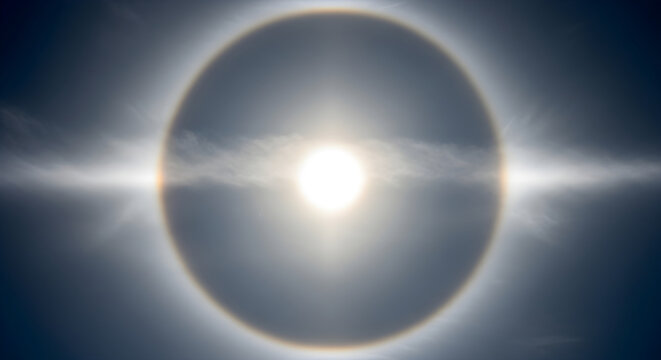 Breathtaking Atmospheric Phenomenon Featuring a Radiant Solar Halo Effect Surrounding the Sun in a Vast Clear Sky During Daylight