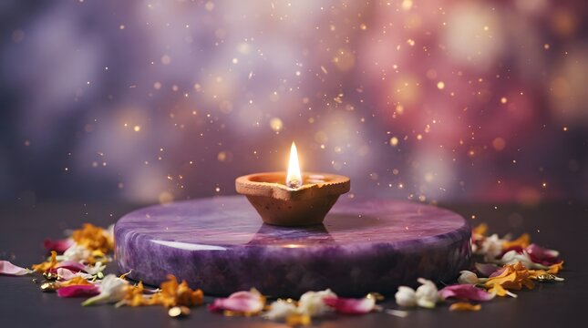 Lit clay diya lamp on purple stone base with flower petals