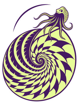 Stylized octopus sitting on a spiral seashell illustration in green and purple colors