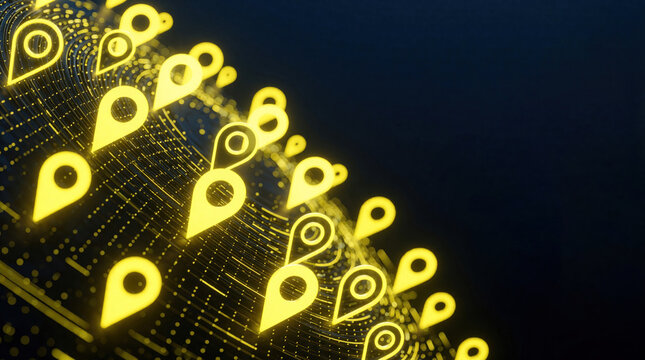 Yellow map pin icons glow on dark digital background. Data points connect in network grid. Futuristic concept for location tracking navigation or geotagging information systems.