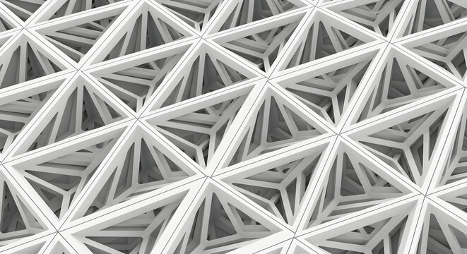 Abstract geometric architectural structure with complex white triangular beams and repeating metallic grid patterns for modern engineering design