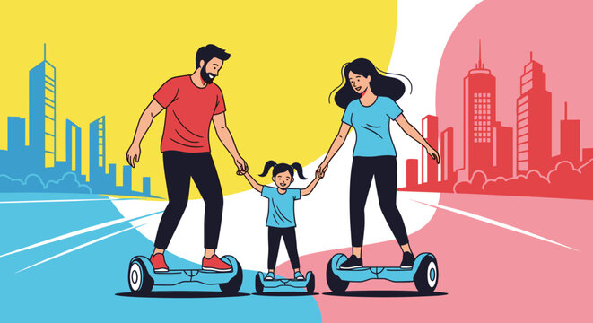 Modern family of three including a father, mother, and young daughter riding electric hoverboards in a stylized city setting.