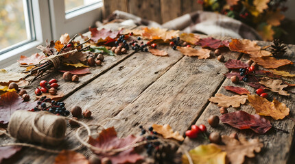 Obraz premium Autumn leaves scattered on wooden deck with natural sunlight and shadows for seasonal decor