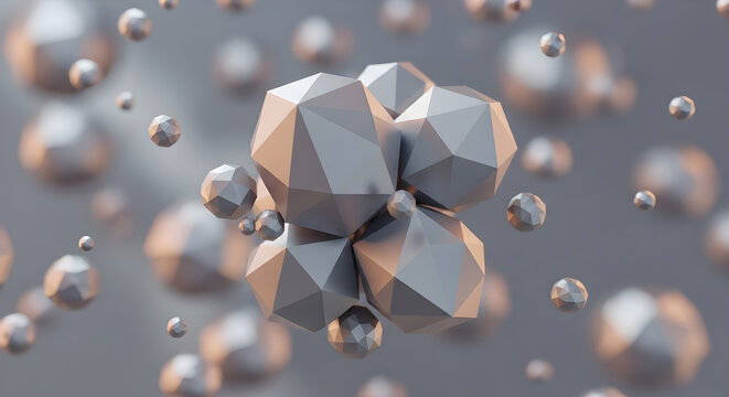 Abstract 3D Molecular Structure Render Featuring Geometric Polyhedral Spheres Floating in a Soft Blurred Grey Background Environment