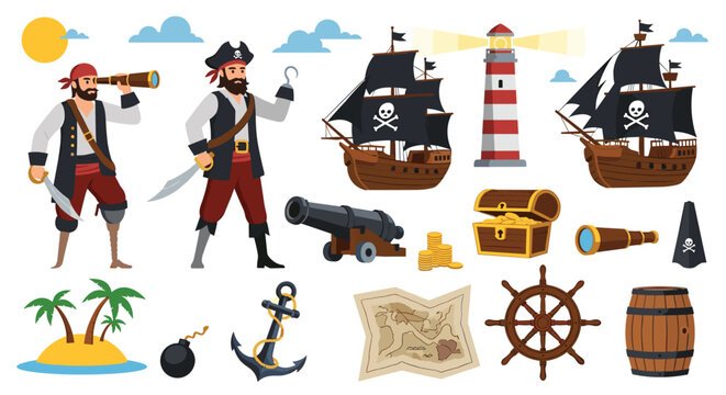 Extensive pirate themed collection featuring sailors, ships, a lighthouse, treasure chest, cannon, map, and nautical tools.