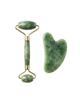 Natural green jade facial roller and gua sha stone for anti-aging massage and skin rejuvenation therapy.