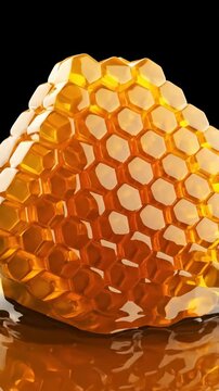 Golden honey fluid flowing onto a surface then forming a glistening honeycomb structure animation