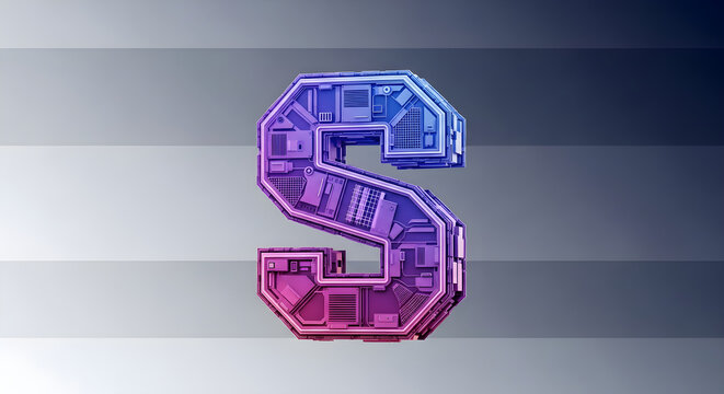 Futuristic 3D Letter S with Cyberpunk Gradient Aesthetic and Intricate Tech Texture for Modern Digital Typography Design